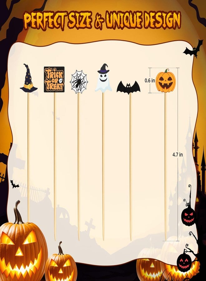 Vicuna R 120 Halloween Cocktail Picks, 8 Kind of Bamboo Pumpkin Ghost Spider Hat Bat eyeball Decorative toothpicks for appetizers, 4.7 IN Food Sticks Charcuterie Skewers for Halloween Themed Party - Image 2